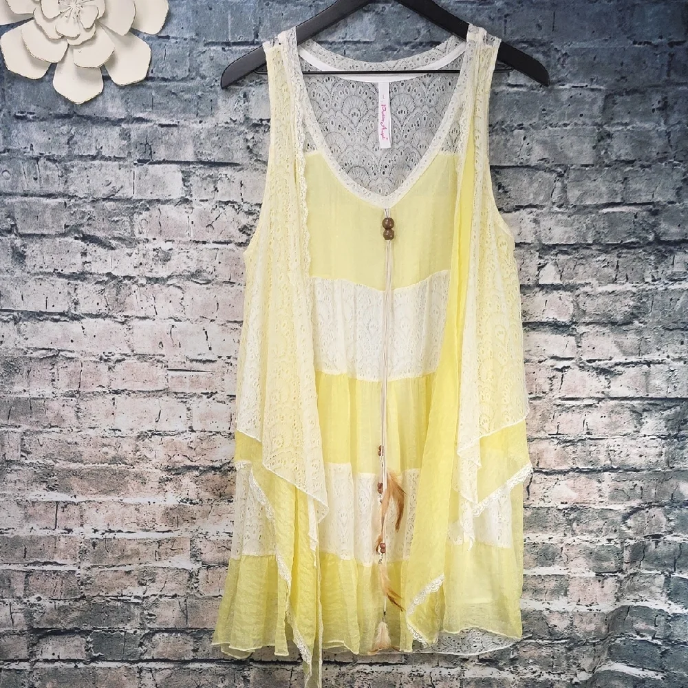 Pretty Angel | Gypsy Boho Cottagecore Yellow And White Silk Blend Tunic Top - Picture 1 of 9